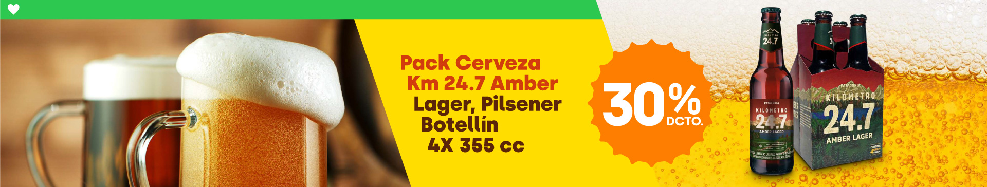 PACK CERVEZA KM 24.7 AMBER LAGER, PILSENER BOTELLIN 4X 355 CC CON 30% DE DESCUENTO