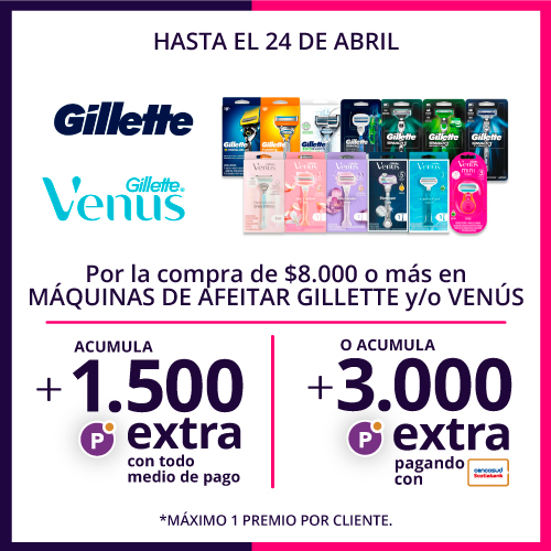 Compras desde $8.000 en maquinas Gillette/Venus acumula 1.500 Puntos Extra