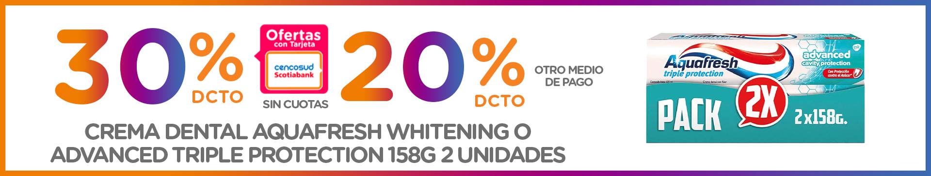 CREMA DENTAL AQUAFRESH WHITENING O ADVANCED TRIPLE PROTECTION 158G 2 UNID