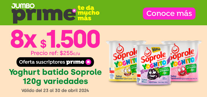 Prime - Yoghurt batido Soprole 120g variedades 8x$1.500 // Precio ref.: $255 c/u - 23-04-2024 al 30-04-2024