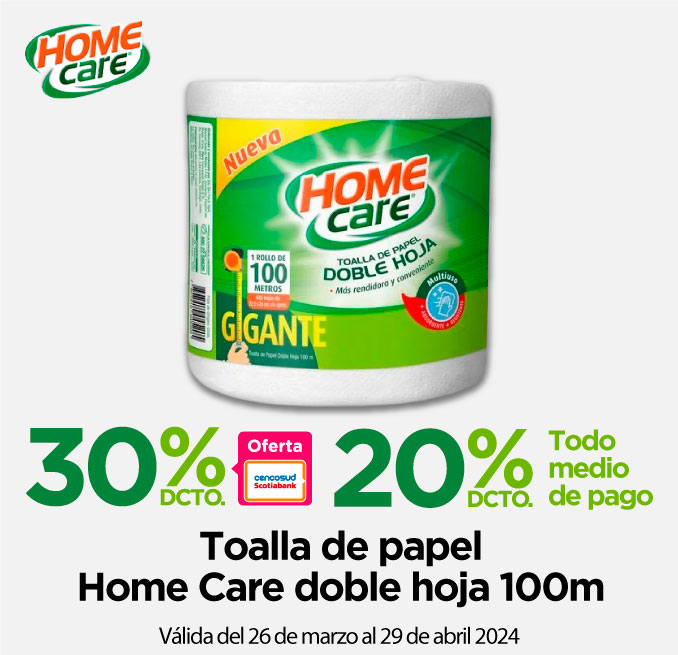MMPP - Toalla de papel Home Care doble hoja 100mt 30%TC / 20% TMP - 26-03-2024 al 29-04-2024