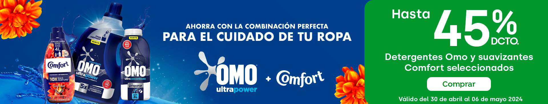Banner ppal proveedor - Unilever - Detergentes Omo y Suavizantes Comfort seleccionados hasta 45% descto - 30-04-2024 al 06-05-2024