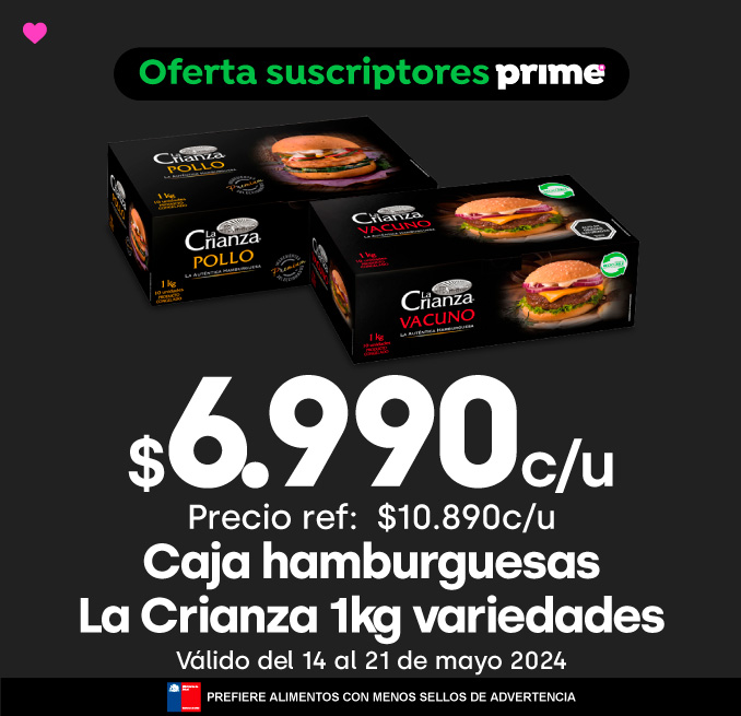 Prime - Caja hamburguesas La Crianza 1kg variedades $6.990 // Precio ref: $10.890 - 14-05-2024 al 21-05-2024