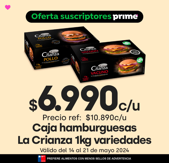 Prime - Caja hamburguesas La Crianza 1kg variedades $6.990 // Precio ref: $10.890 - 14-05-2024 al 21-05-2024