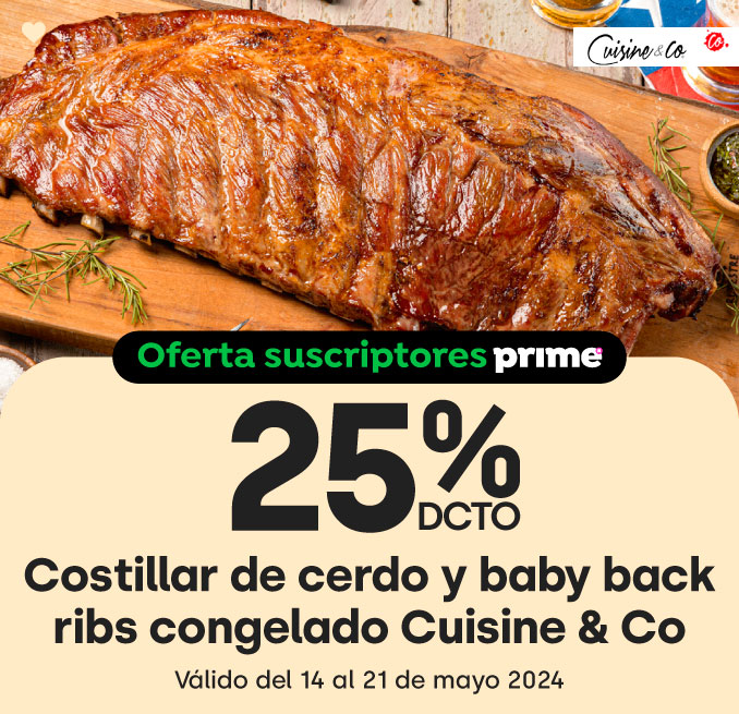 Prime - Costillar de cerdo y Baby Back Ribs congelado Cuisine & Co 25%dcto - 14-05-2024 al 21-05-2024