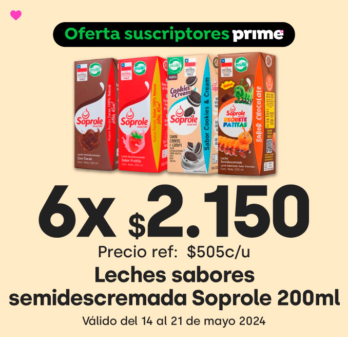 Prime - Leches sabores semidescremada Soprole 200ml 6x$2.150 // Precio ref: $505 c/u - 14-05-2024 al 21-05-2024