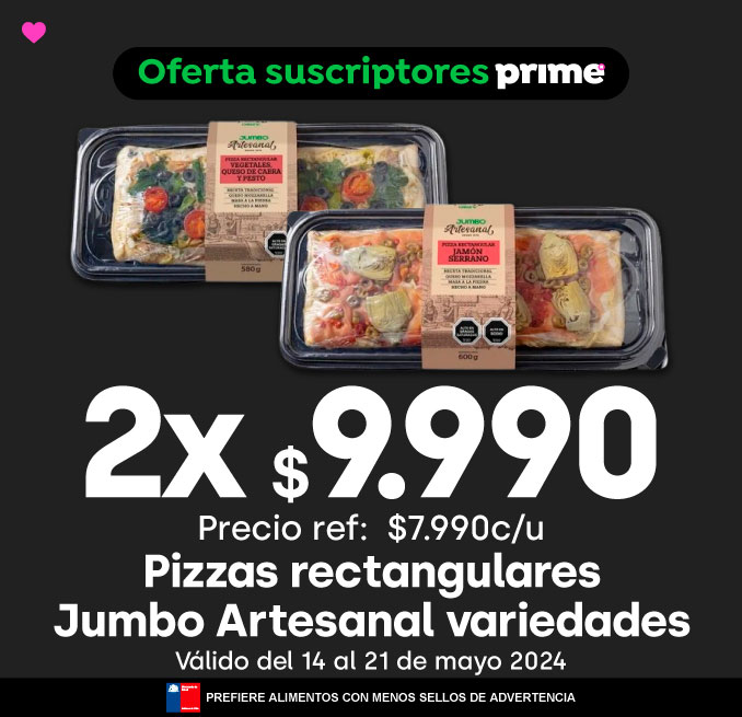 Prime - Pizzas rectangulares Jumbo Artesanal variedades 2x$9.990 // Precio ref: $7.990 - 14-05-2024 al 21-05-2024