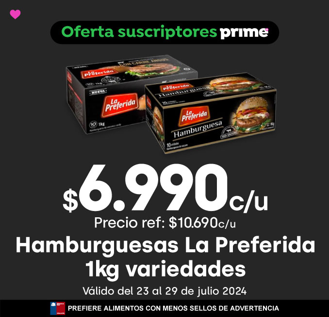Prime - Hamburguesas La Preferida 1kg variedades $6.990 // Precio ref: $10.690 - 23-07-2024 al 29-07-2024