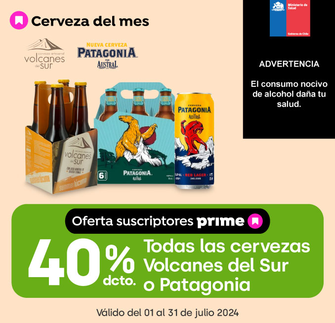 Prime - Todas las cervezas Patagonia o Volcanes del sur 40% descto - 01-07-2024 al 31-07-2024
