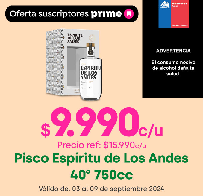 Prime - Pisco Espíritu Los Andes 40° 750cc $9.990 // Precio ref: $15.990 - 03-09-2024 al 09-09-2024