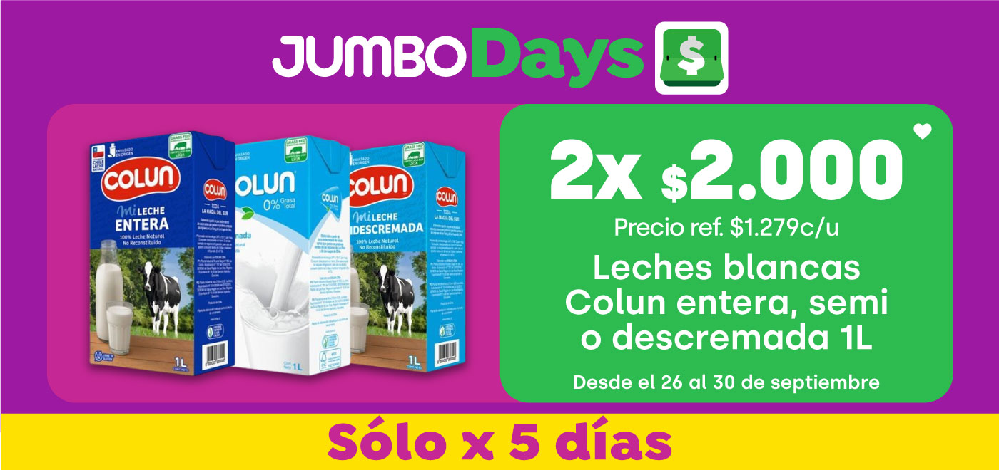 JumboDays - Leches blancas Colun 1L entera, semi o descremada 2x$2.000 // Precio ref: $1.279c/u - 26-09-2024 al 30-09-2024