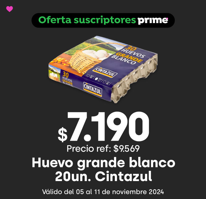 Prime week - Huevo grande blanco 20 un. Cintazul $7.190 // Precio ref: $9.569 - 05-11-2024 al 11-11-2024