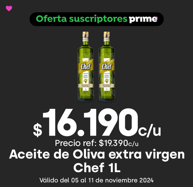 Prime week - Aceite de Oliva extra virgen Chef 1L $16.190 // Precio ref: $19.390 - 05-11-2024 al 11-11-2024