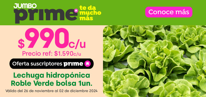 Prime - Lechuga hidropónica Roble Verde bolsa 1un. $990/ Precio ref. $1.590 - 26-11-2024 al 02-12-2024