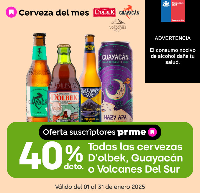 Prime - TODAS LAS CERVEZAS D'OLBEK, GUAYACÁN O VOLCANES DEL SUR 40% DESCTO - 02-01-2025 al 31-01-2025