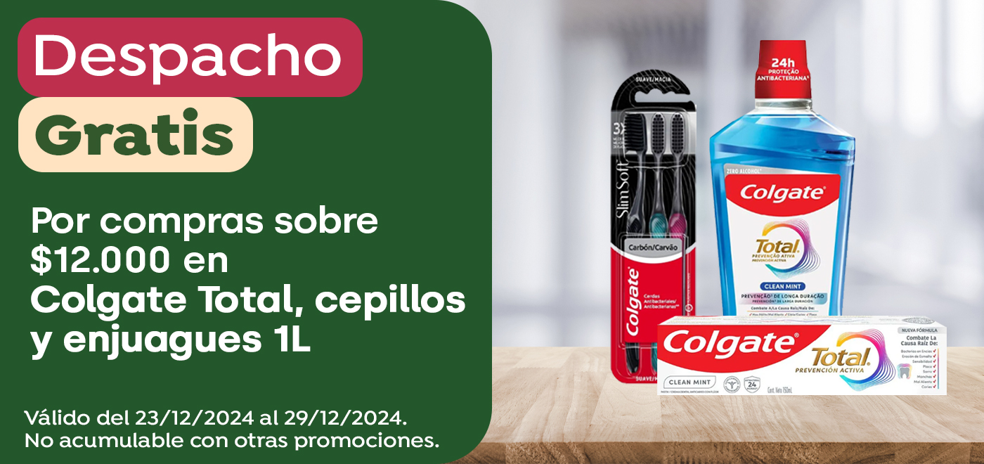 Dsp gratis - COLGATE - Por compras sobre $12.000 en Colgate Total, cepillos y enjuagues 1L - 23-12-2024 al 29-12-2024