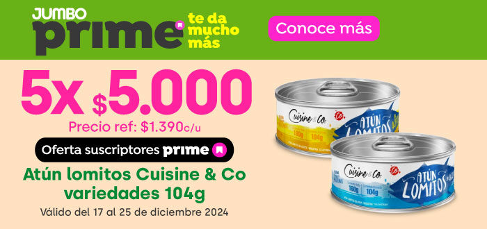 Prime - Atún lomitos Cuisine & Co variedades 104g 5x$5.000/ Precio ref. $1.390 c/u - 17-12-2024 al 25-12-2024