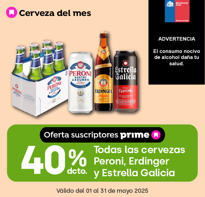 Prime - TODAS LAS CERVEZAS PERONI, ERDINGER Y ESTRELLA GALICIA 40% DESCTO - 01-05-2025 al 31-05-2025
