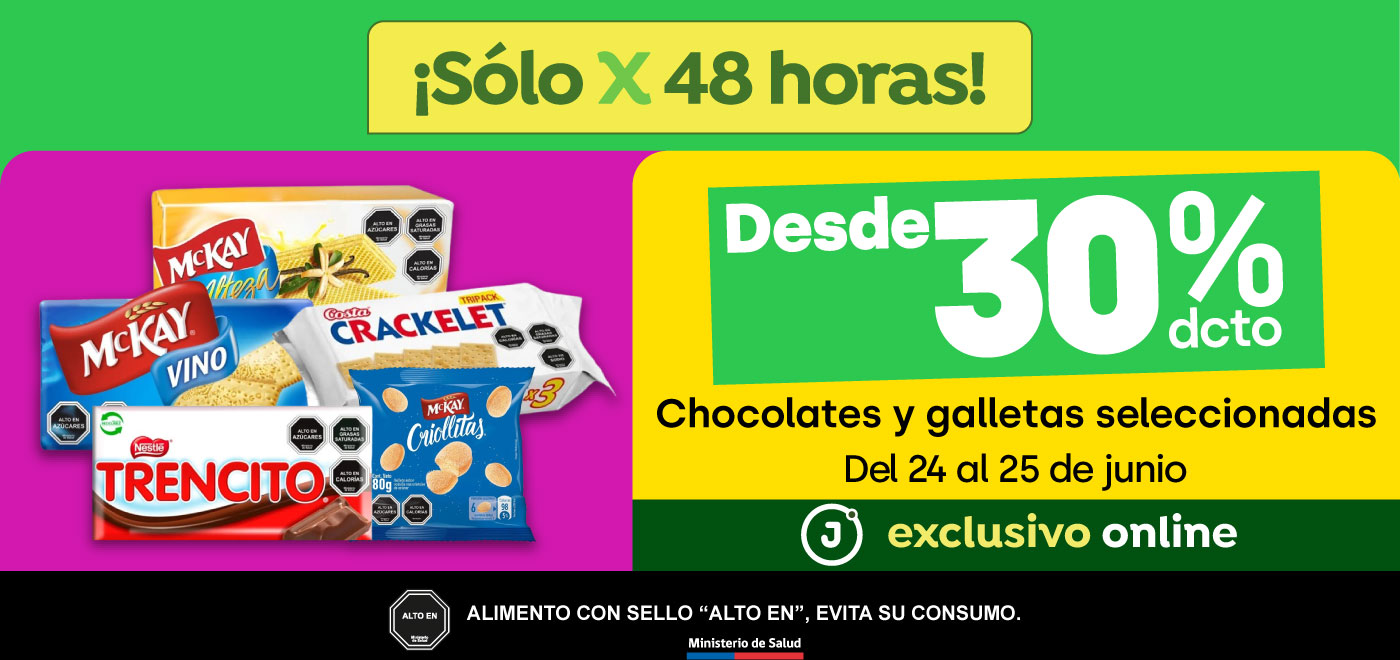 Bombazo exclusivo ecomm - Chocolates y Galletas seleccionadas desde 30% dcto - 24-06-2025 al 25-06-2025