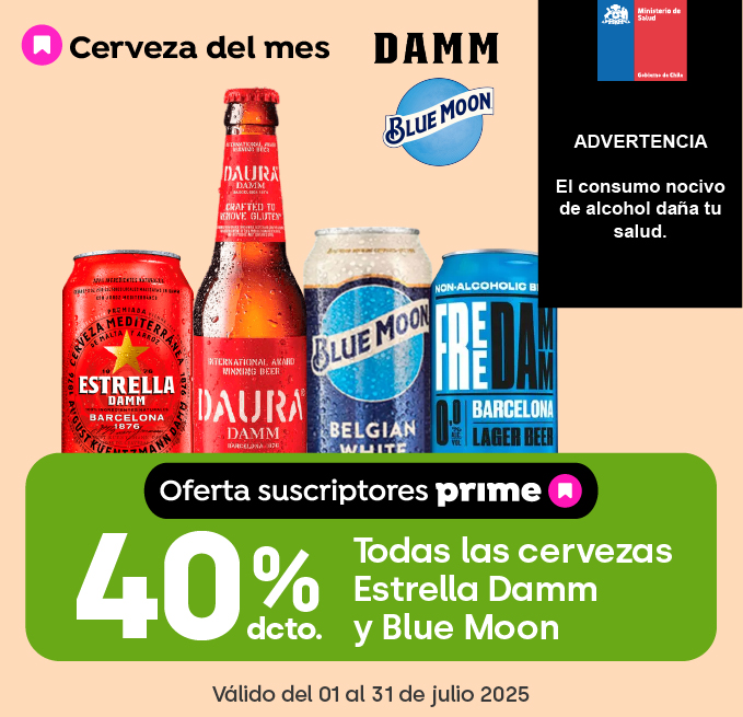 Prime - TODAS LAS CERVEZAS ESTRELLA DAMM Y BLUE MOON 40% DESCTO - 01-07-2025 al 31-07-2025