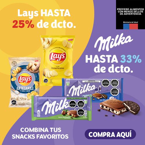 Milka hasta 33% dcto. Lay's hasta 25% dcto.