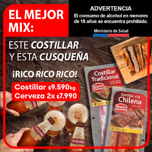 Costillar $9.590kg + Cerveza 2x $7.990 
