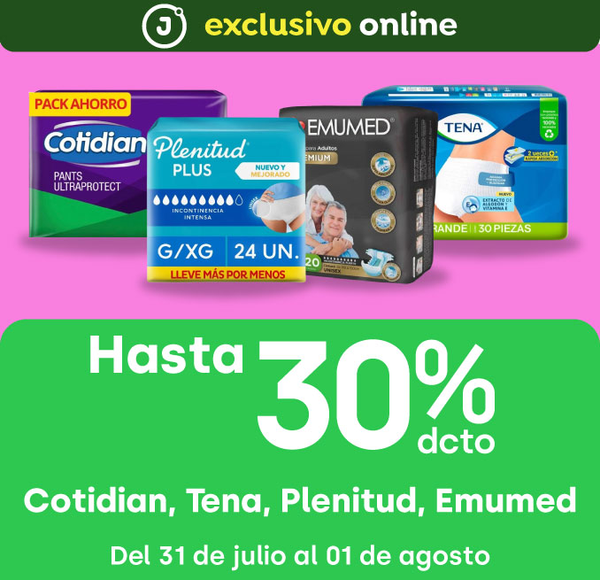 Bombazo exclusivo ecomm - Hasta 30% descto productos Cotidian, Tena, Plenitud, Emumed - 31-07-2025 al 01-08-2025