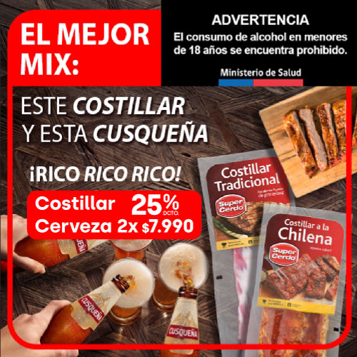 Costillar 25% dcto. + Cerveza 2x $7.990
