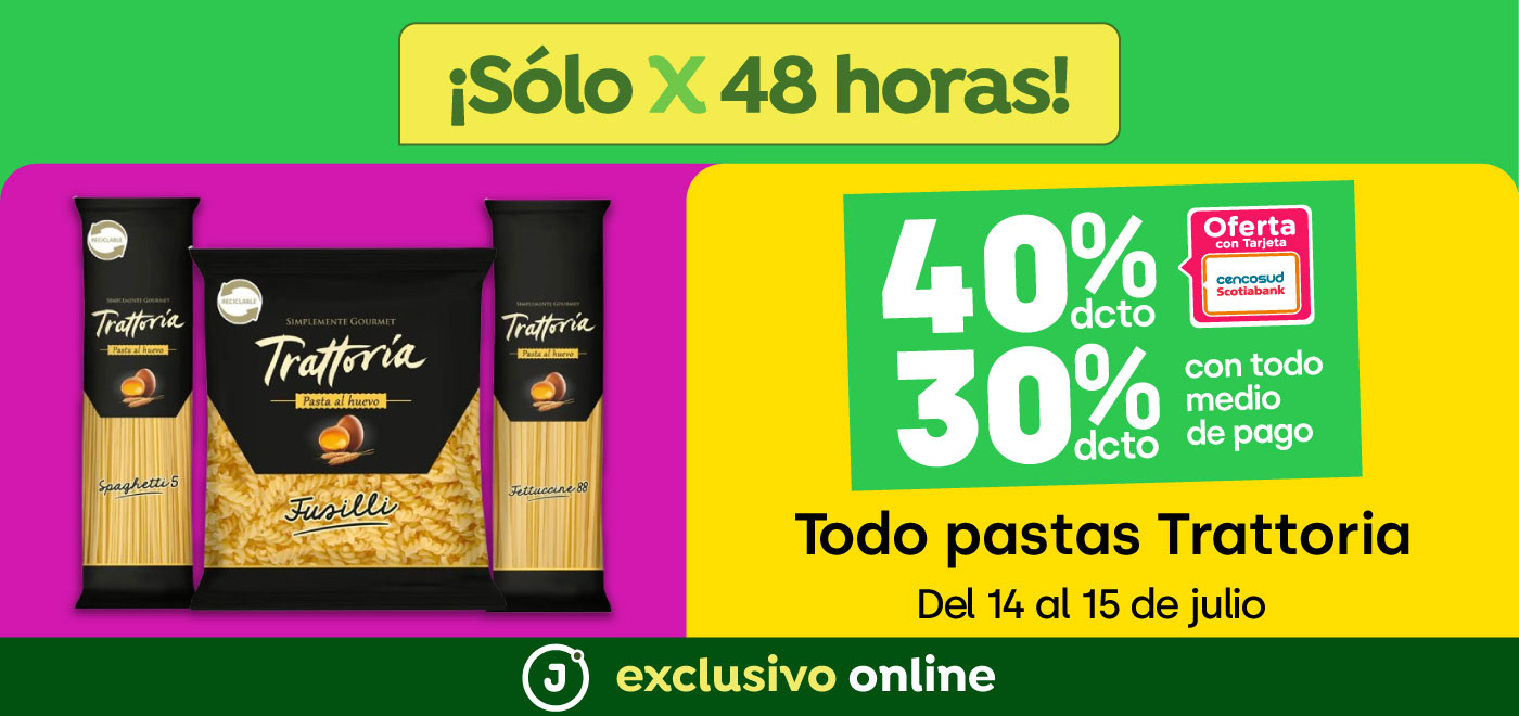 Bombazo exclusivo ecomm - TODO PASTAS TRATTORIA 30%TMP 40%TC - 14-07-2025 al 15-07-2025