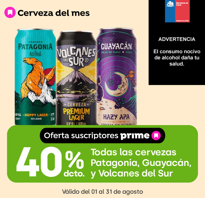 Prime - TODAS LAS CERVEZAS PATAGONIA, GUAYACAN Y VOLCANES DEL SUR 40% DESCTO - 1-08-2025 al 31-08-2025