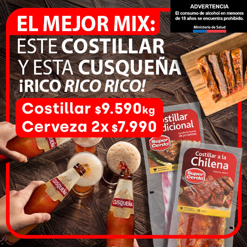 Costillar $9.590kg + Cerveza 2x $7.990 