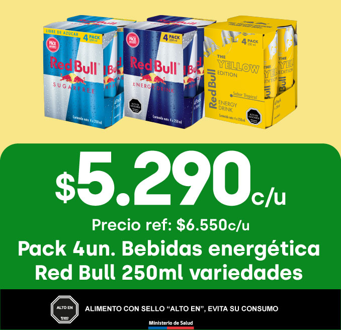 Proveedor Huincha Home - REDBULL - Pack 4 un. Bebida Energética Red Bull 250 ml variedades 5.290 (pref: 6.550) - 22-07-2025 al 28-07-2025