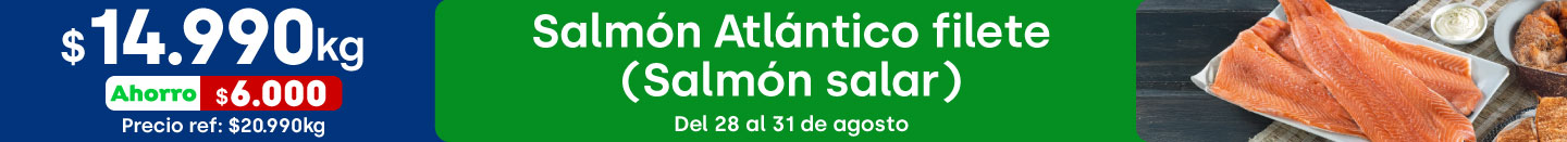 Ciclos - Salmón Atlántico filete (salmón salar) kg $14.990 / Precio ref: $20.990 (ahorro: $6.000) - 28-08-2025 al 31-08-2025
