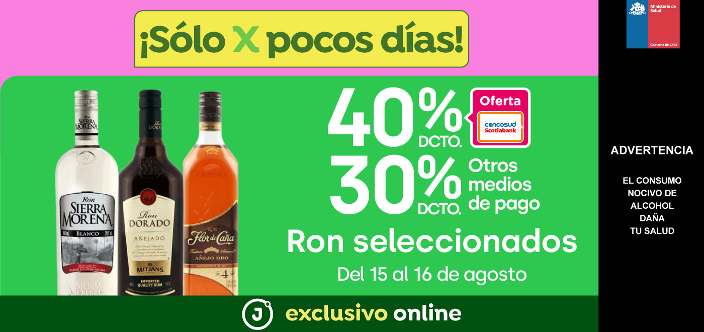 Bombazo exclusivo ecomm - Ron seleccionados 30% TMP 40% TC - 15-08-2025 al 16-08-2025