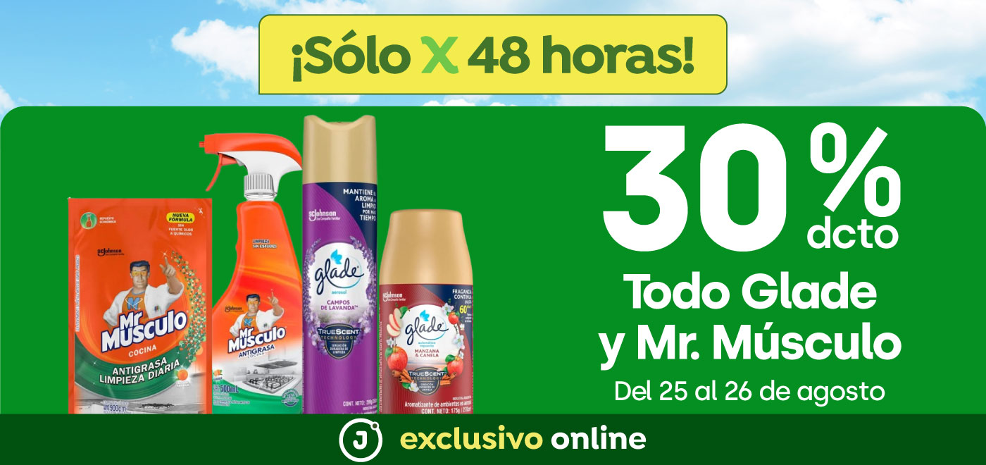 Bombazo exclusivo ecomm - Todo Glade y Mr. Músculo 30% descto - 25-08-2025 al 26-08-2025