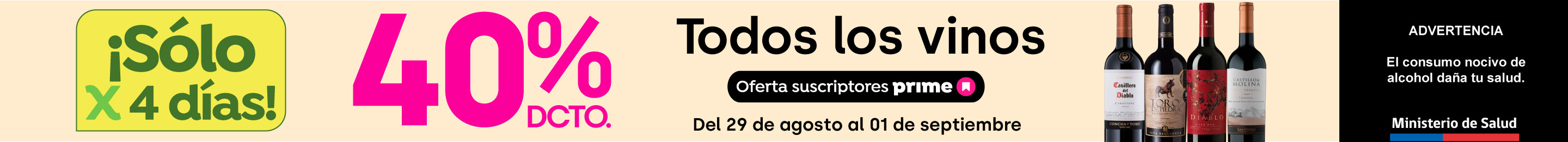 Bombazo exclusivo ecomm - Bombazo - EXCLUSIVO PRIME - Solo por 4 días: 40%dcto en todos los vinos - 29-08-2025 al 01-09-2025