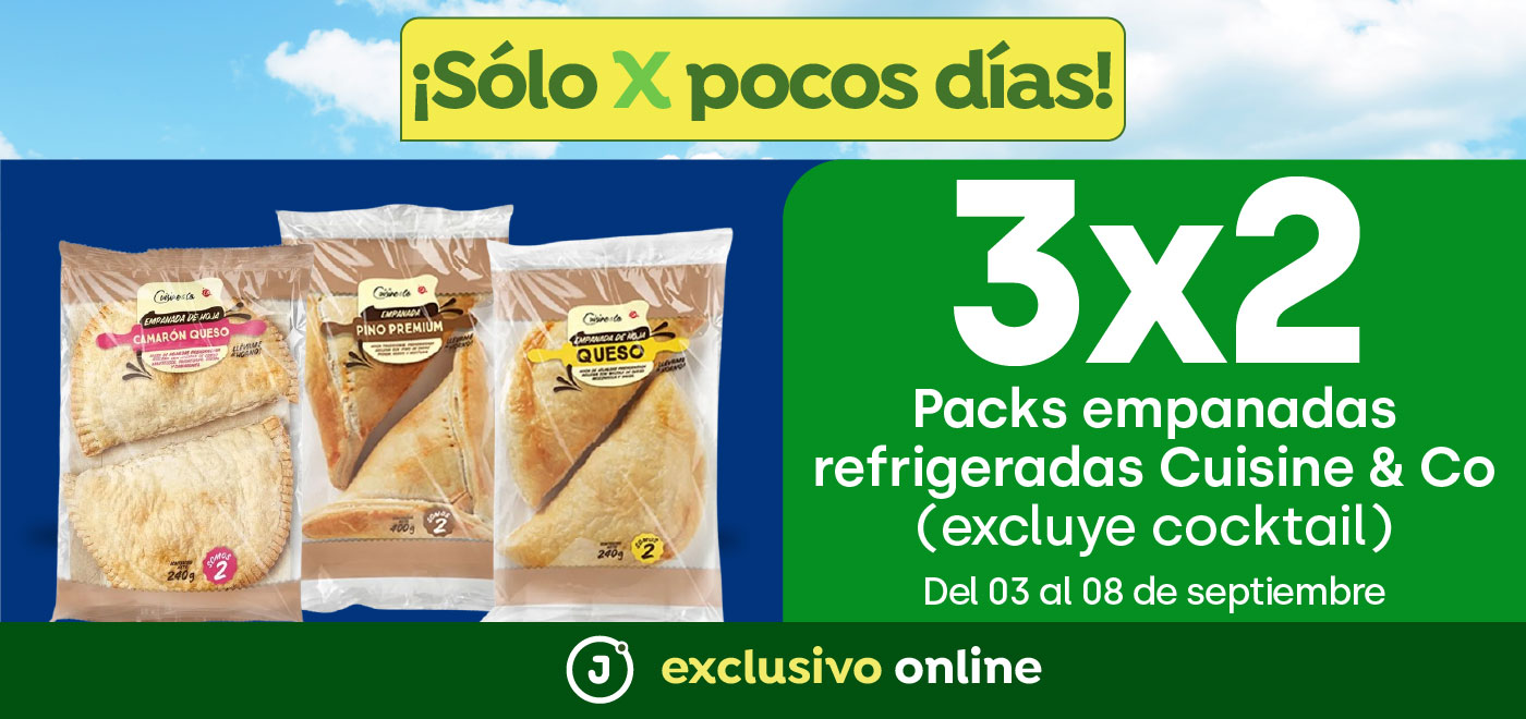 Excl - PACKS EMPANADAS REFRIGERADAS CUISINE & CO 3X2 (EXCLUYE COCKTAIL) - 03-09-2025 al 08-09-2025