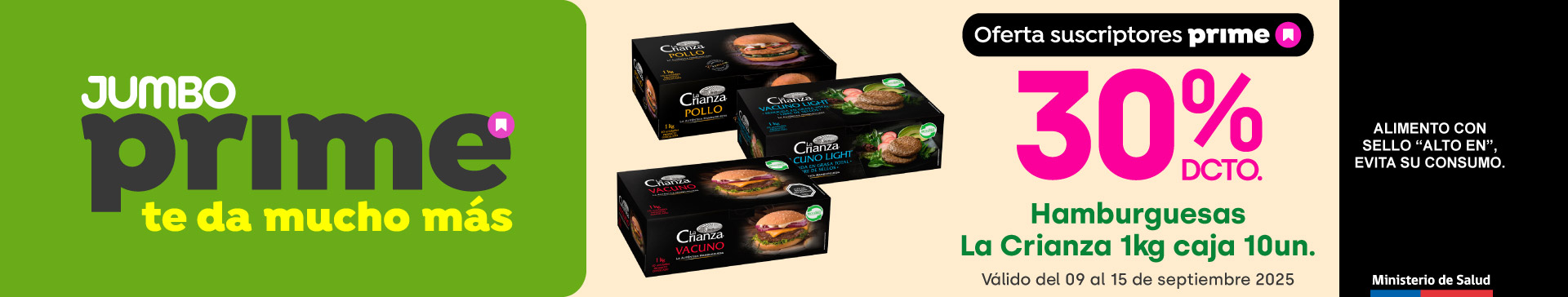 Prime - Hamburguesas La crianza 1kg caja 10un. variedades 30%dcto. - 09-09-2025 al 15-09-2025