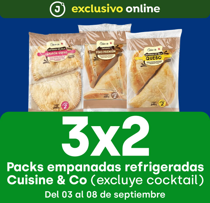 Excl - PACKS EMPANADAS REFRIGERADAS CUISINE & CO 3X2 (EXCLUYE COCKTAIL) - 03-09-2025 al 08-09-2025