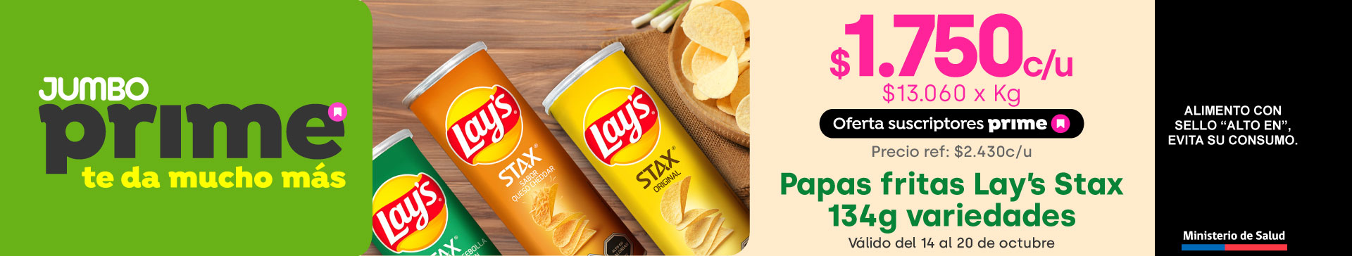 Prime - Papas fritas Lay's Stax variedades 134g $1.750 c/u // Pref: $2.430 c/u PPUM $13.060 x kg - 14-10-2025 al 20-10-2025