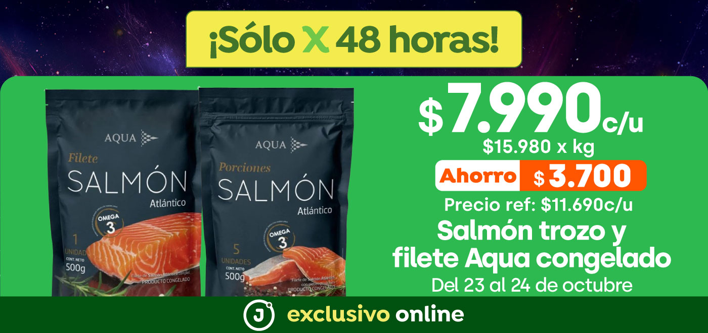Bombazo exclusivo ecomm - SALMÓN AQUA TROZO Y FILETE CONGELADO $7.990 / PRECIO REF: $11690 / PPUM: $15980 X KG - 23-10-2025 al 24-10-2025