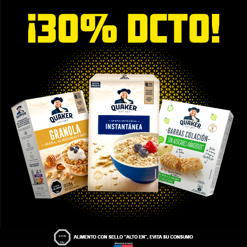 Avena, granola y barritas Quaker 30% dcto.