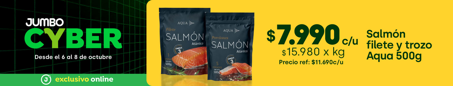 Cyber - SALMON FILETE Y TROZO AQUA 500GR 7.990 (of: 15.980 xkg reg: 23.380 xkg) - 6-10-2025 al 8-10-2025