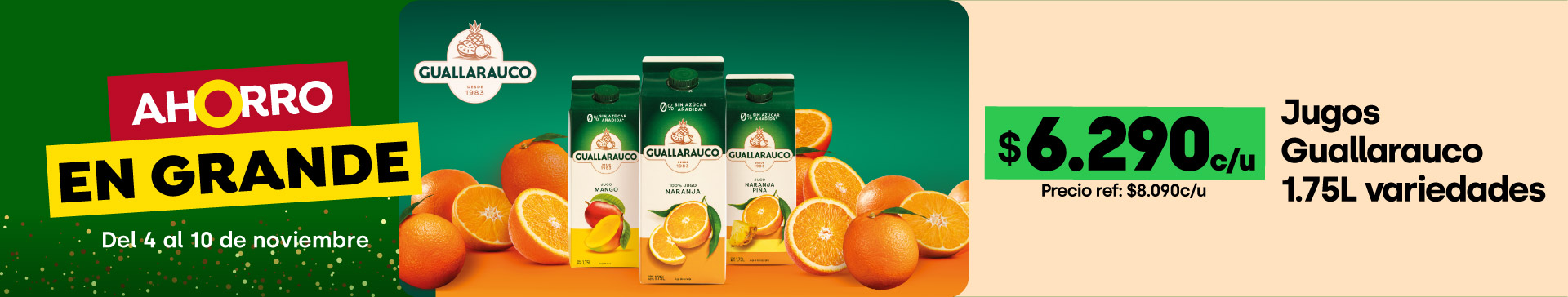 Banner ppal proveedor - GUALLARAUCO - JUGOS GUALLARAUCO 1.75 LT VARIEDADES A $6.290 c/u - 4-11-2025 al 10-11-2025