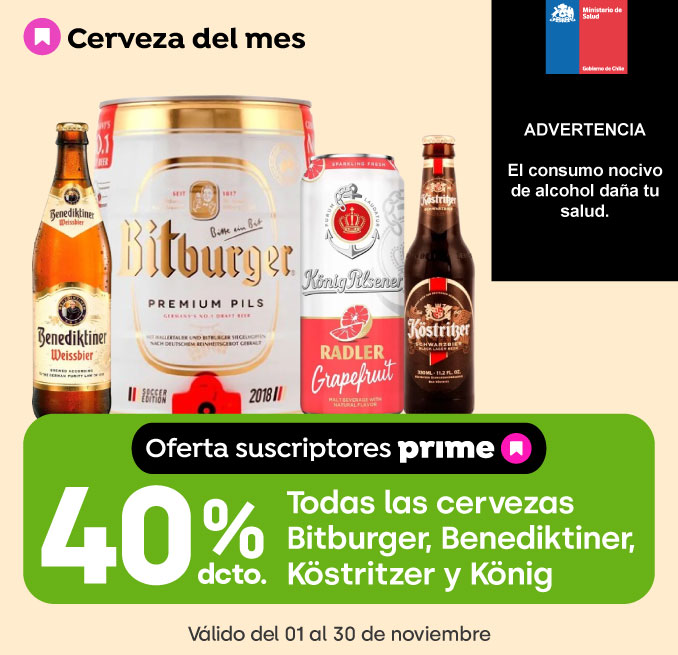 Prime - TODAS LAS CERVEZAS BITBURGER, BENEDIKTINER, KÖSTRITZER Y KÖNIG 40% DESCTO - 1-11-2025 al 30-11-2025