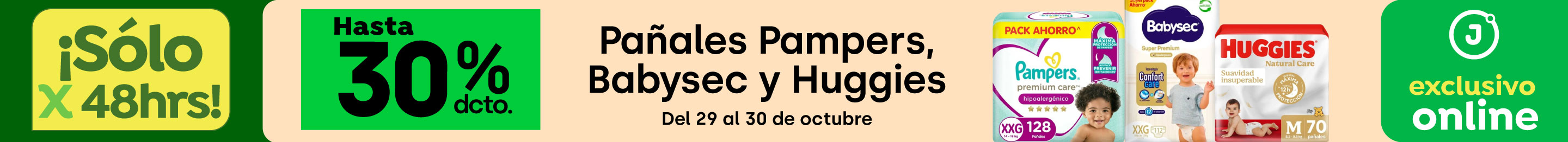 Bombazo exclusivo ecomm - Pañales Pampers, Babysec, Huggies hasta 30% descto (excl ecom) - 29-10-2025 al 30-10-2025