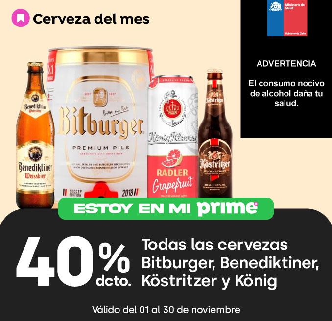 Prime - TODAS LAS CERVEZAS BITBURGER, BENEDIKTINER, KÖSTRITZER Y KÖNIG 40% DESCTO - 1-11-2025 al 30-11-2025