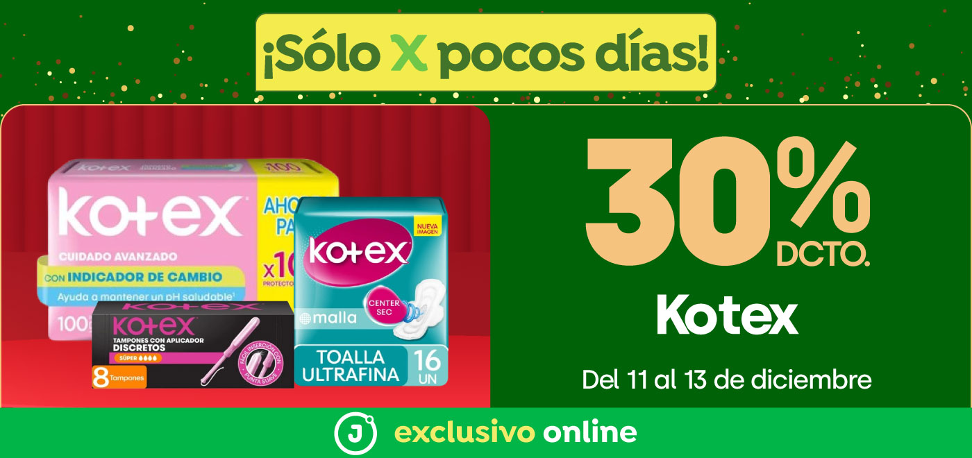 Bombazo exclusivo ecomm - Kotex con 30% dcto - 11-12-2025 al 13-12-2025