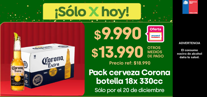 Especial - PACK CERVEZA CORONA BOTELLA 18X330CC 13990 TMP 9990 TC (PREF: 18990) - 20-12-2025 al 20-12-2025