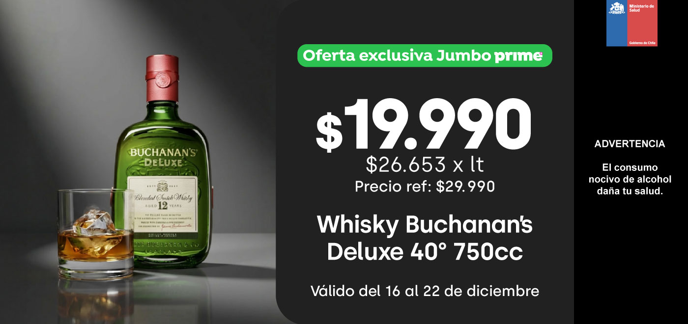Prime - Whisky Buchanans deluxe 40° 750cc $19.990 // Pref: $29.990 / PPUM: $26.653 x lt - 16-12-2025 al 22-12-2025
